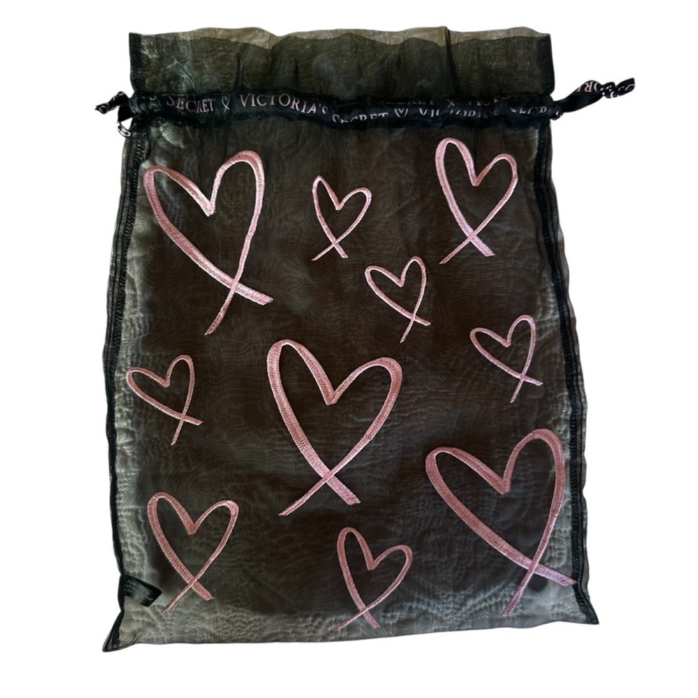 Vintage Victoria's Secret Black Lingerie Mesh Carry Bag Black with Pink Hearts